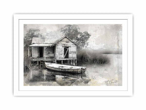 Black and white marsh boat house canvas art for rustic living room decor.