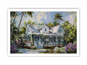 Tropical white cottage canvas art with palms and flowers for coastal living room decor.