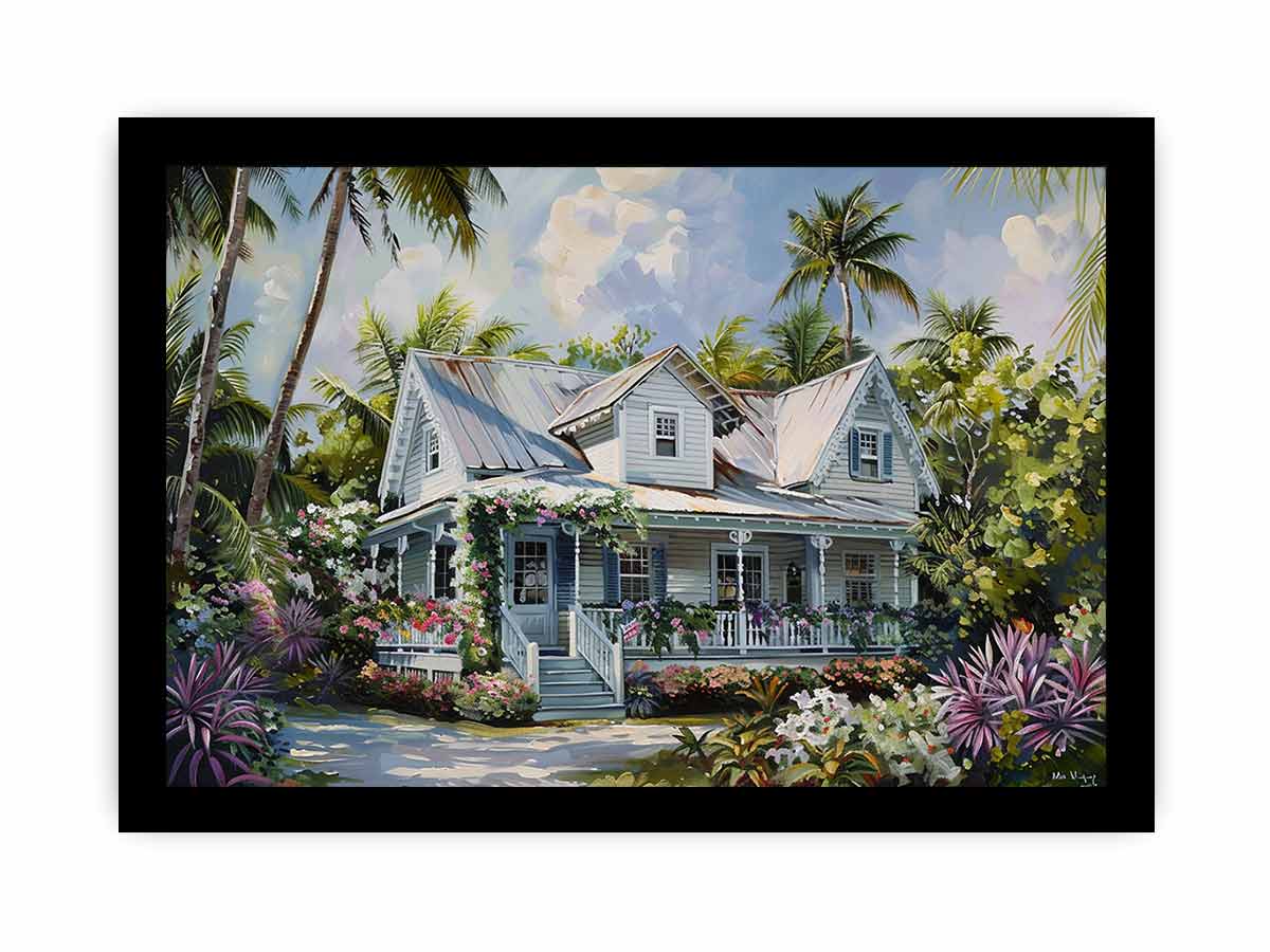 Tropical white cottage canvas art with palms and flowers for coastal living room decor.