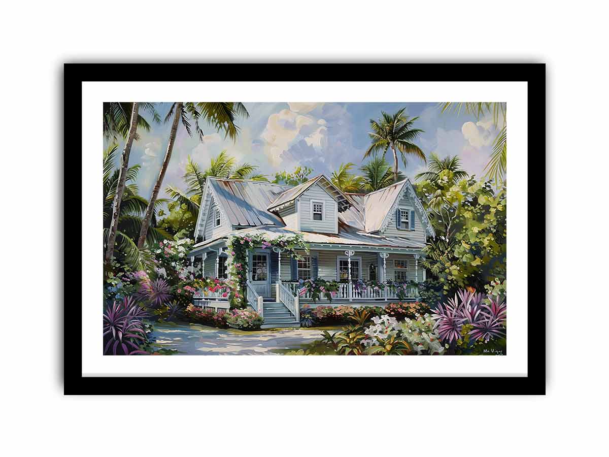 Tropical white cottage canvas art with palms and flowers for coastal living room decor.