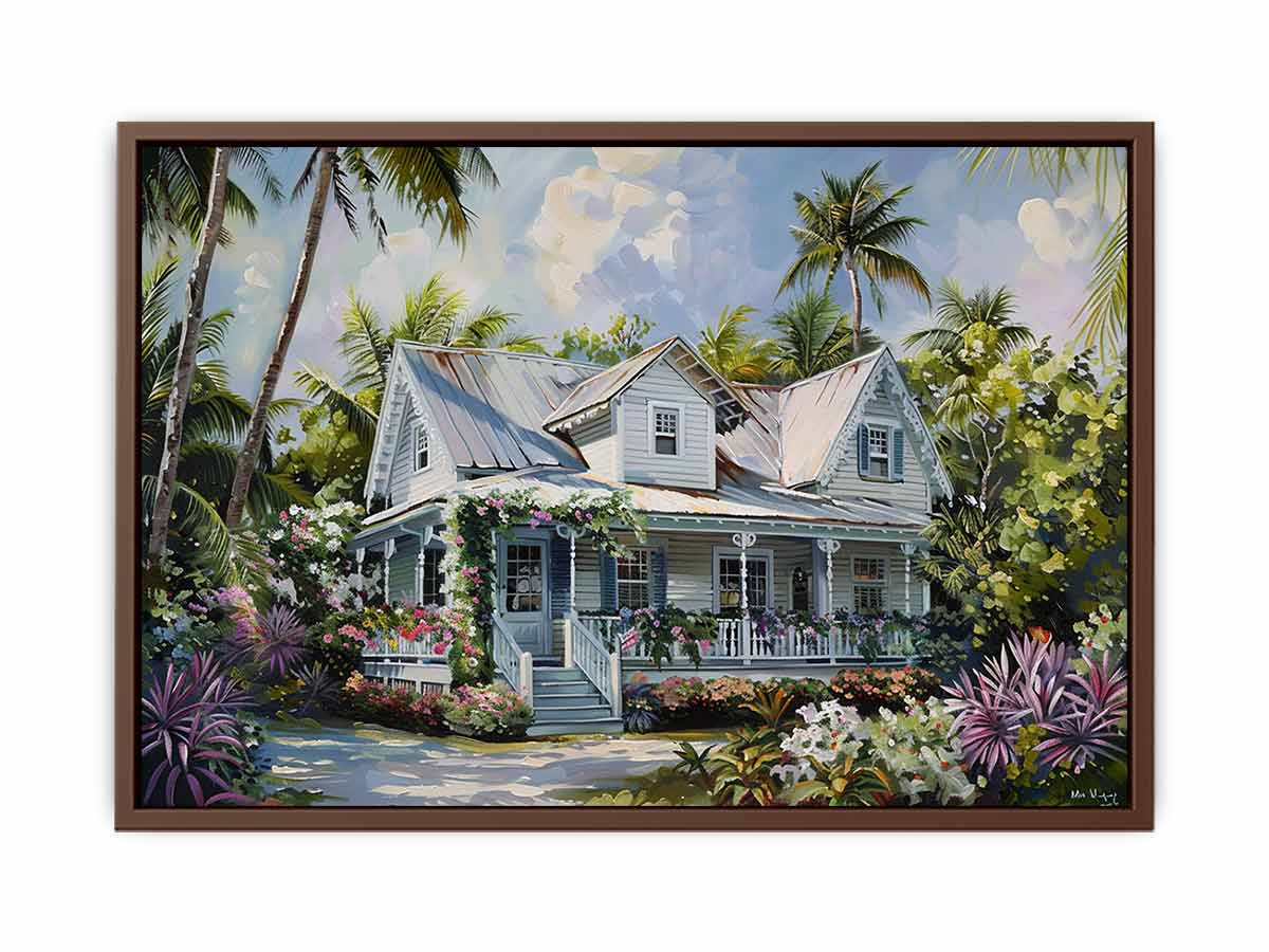Tropical white cottage canvas art with palms and flowers for coastal living room decor.