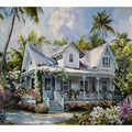 Tropical white cottage canvas art with palms and flowers for coastal living room decor.