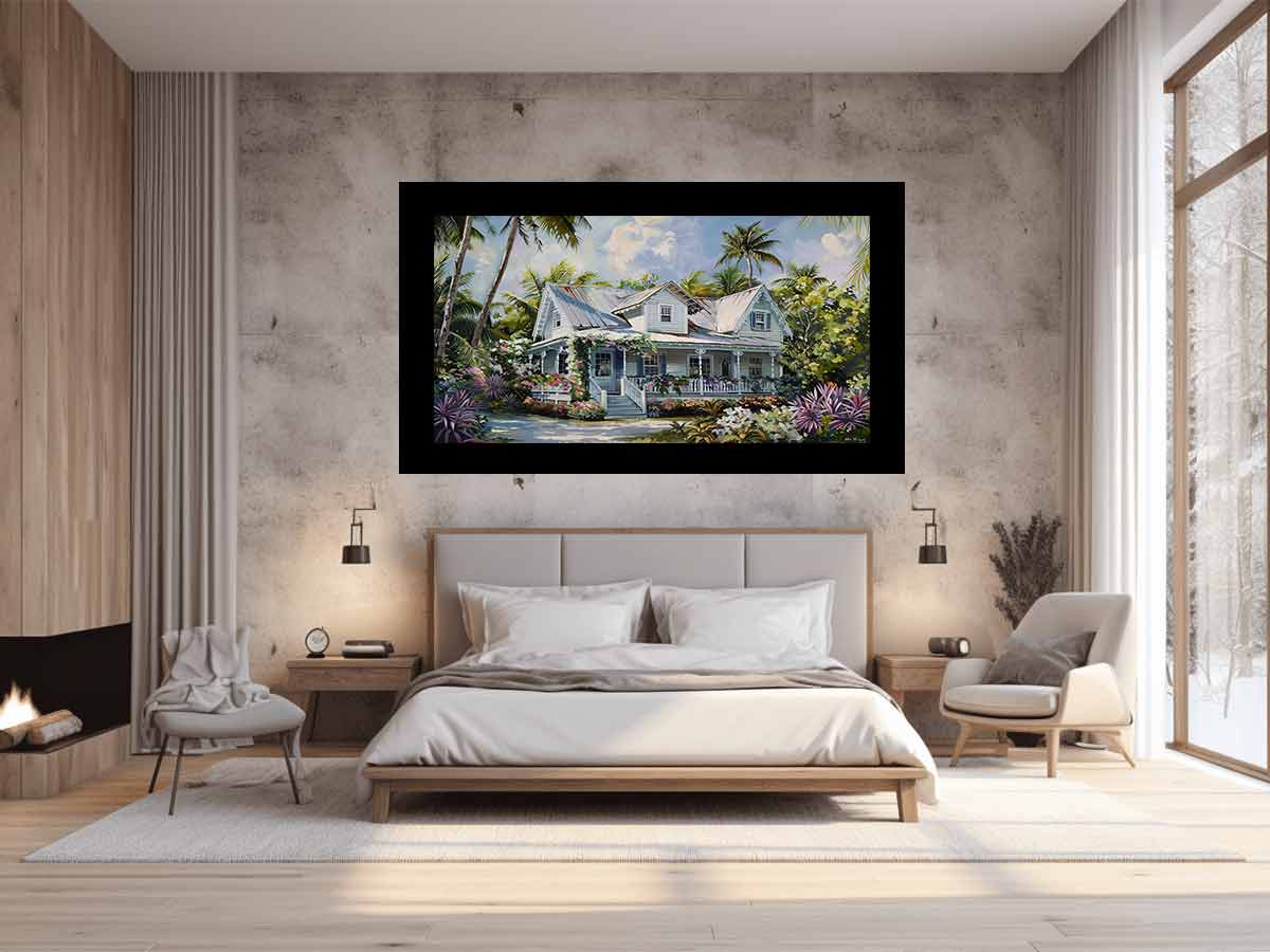 Tropical white cottage canvas art with palms and flowers for coastal living room decor.