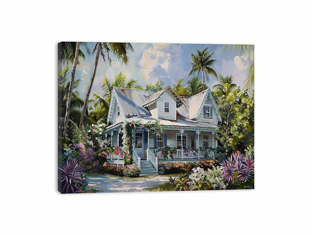 Tropical white cottage canvas art with palms and flowers for coastal living room decor.