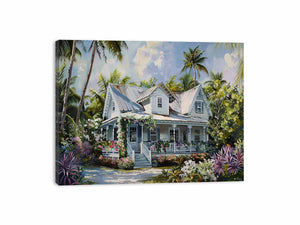 Tropical white cottage canvas art with palms and flowers for coastal living room decor.