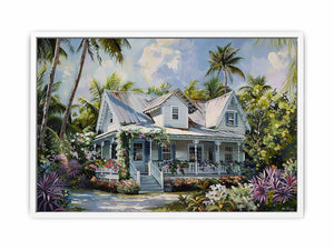Tropical white cottage canvas art with palms and flowers for coastal living room decor.