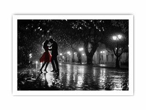 Black and white romantic rain dance canvas art with red dress for modern bedroom decor.