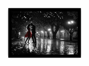 Black and white romantic rain dance canvas art with red dress for modern bedroom decor.
