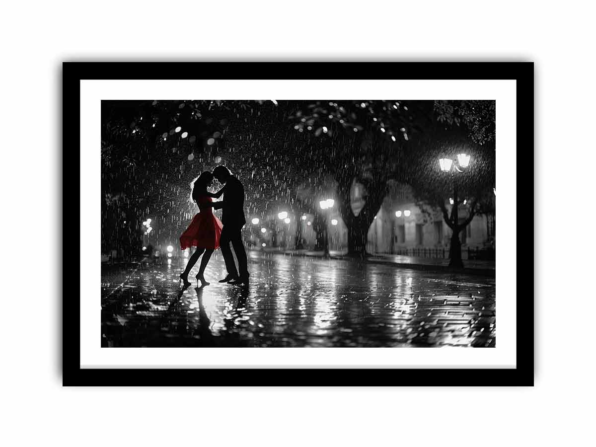 Black and white romantic rain dance canvas art with red dress for modern bedroom decor.