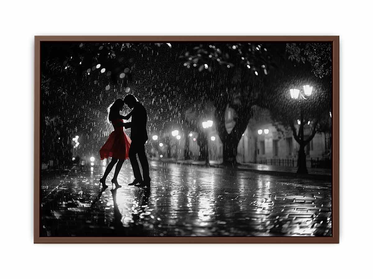 Black and white romantic rain dance canvas art with red dress for modern bedroom decor.