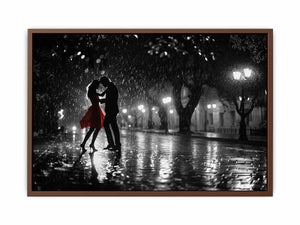 Black and white romantic rain dance canvas art with red dress for modern bedroom decor.