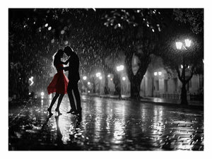 Black and white romantic rain dance canvas art with red dress for modern bedroom decor.
