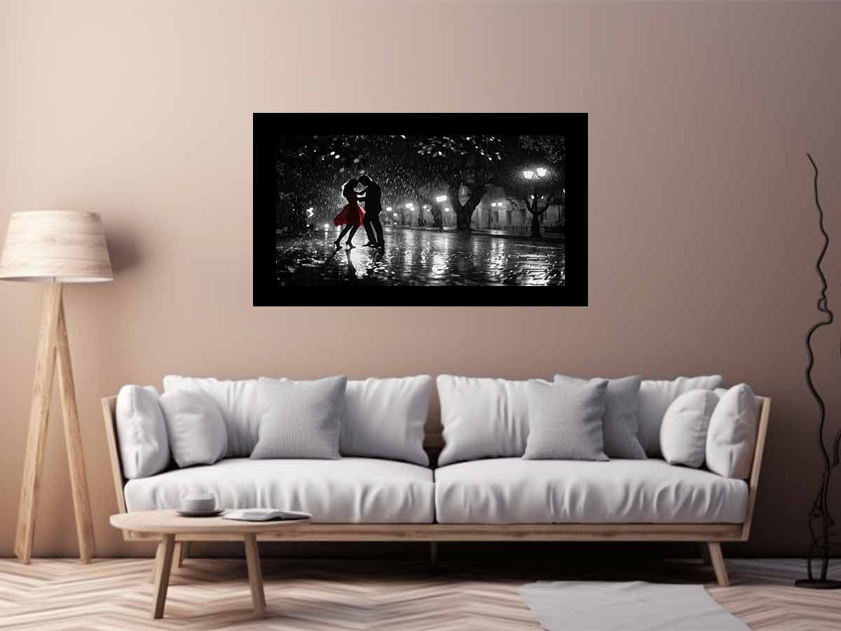 Black and white romantic rain dance canvas art with red dress for modern bedroom decor.