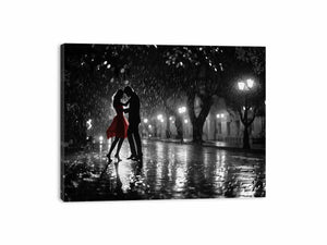Black and white romantic rain dance canvas art with red dress for modern bedroom decor.
