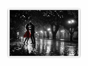 Black and white romantic rain dance canvas art with red dress for modern bedroom decor.