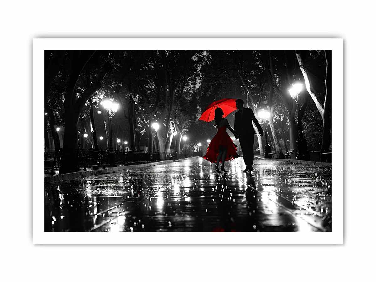 Romantic black and white couple canvas art with red umbrella for modern bedroom decor.