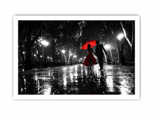 Romantic black and white couple canvas art with red umbrella for modern bedroom decor.
