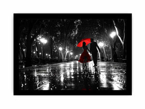 Romantic black and white couple canvas art with red umbrella for modern bedroom decor.