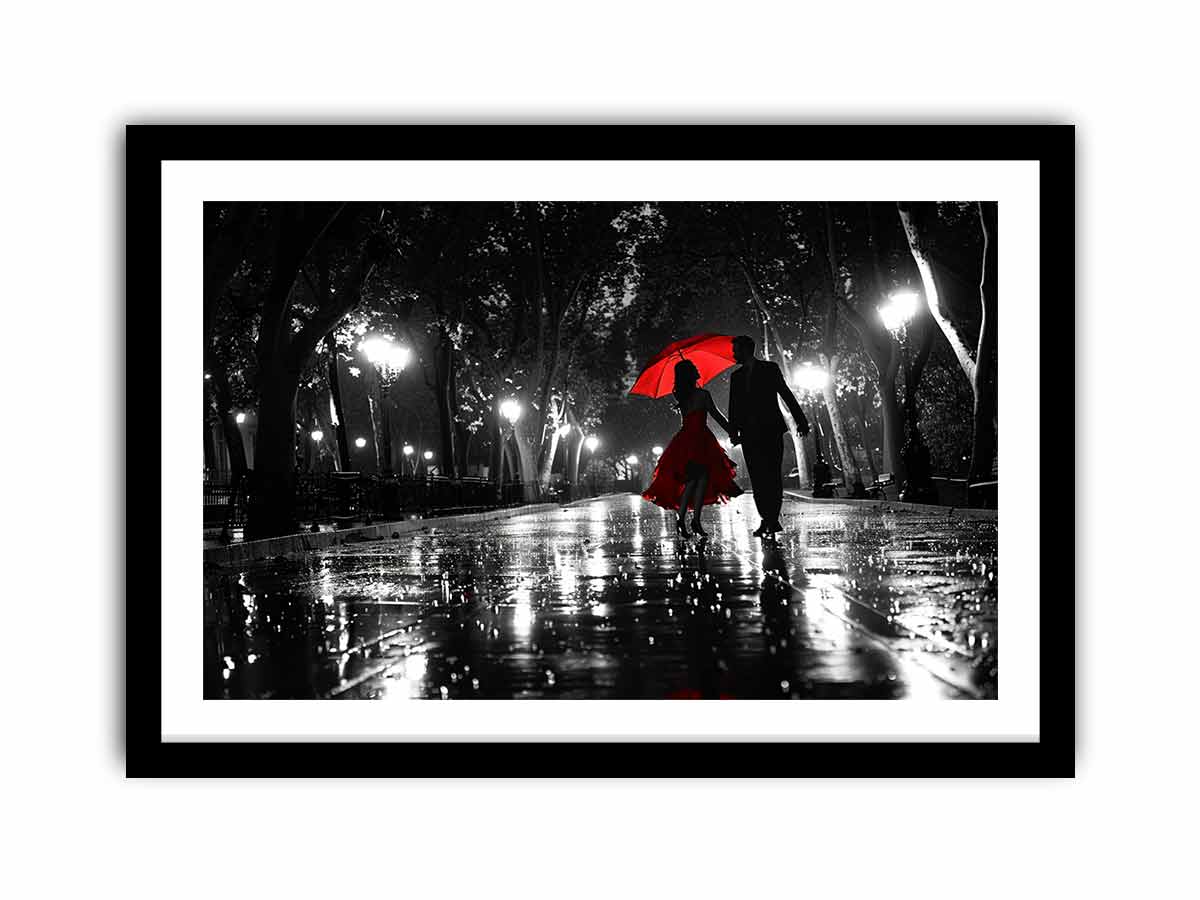 Romantic black and white couple canvas art with red umbrella for modern bedroom decor.