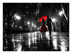 Romantic black and white couple canvas art with red umbrella for modern bedroom decor.