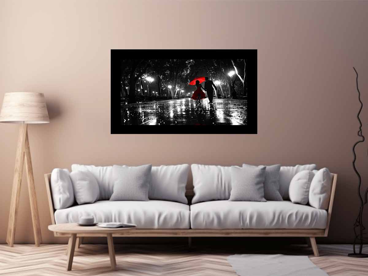 Romantic black and white couple canvas art with red umbrella for modern bedroom decor.