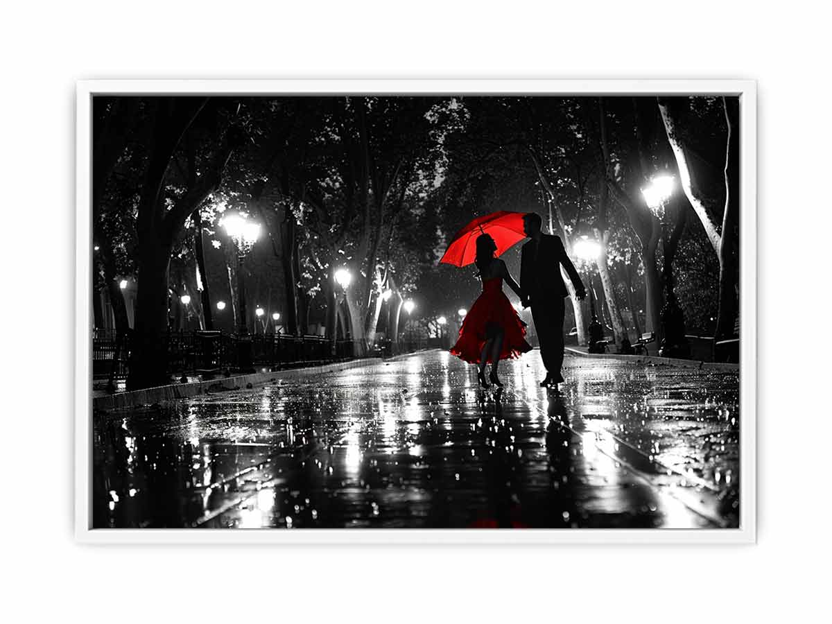Romantic black and white couple canvas art with red umbrella for modern bedroom decor.