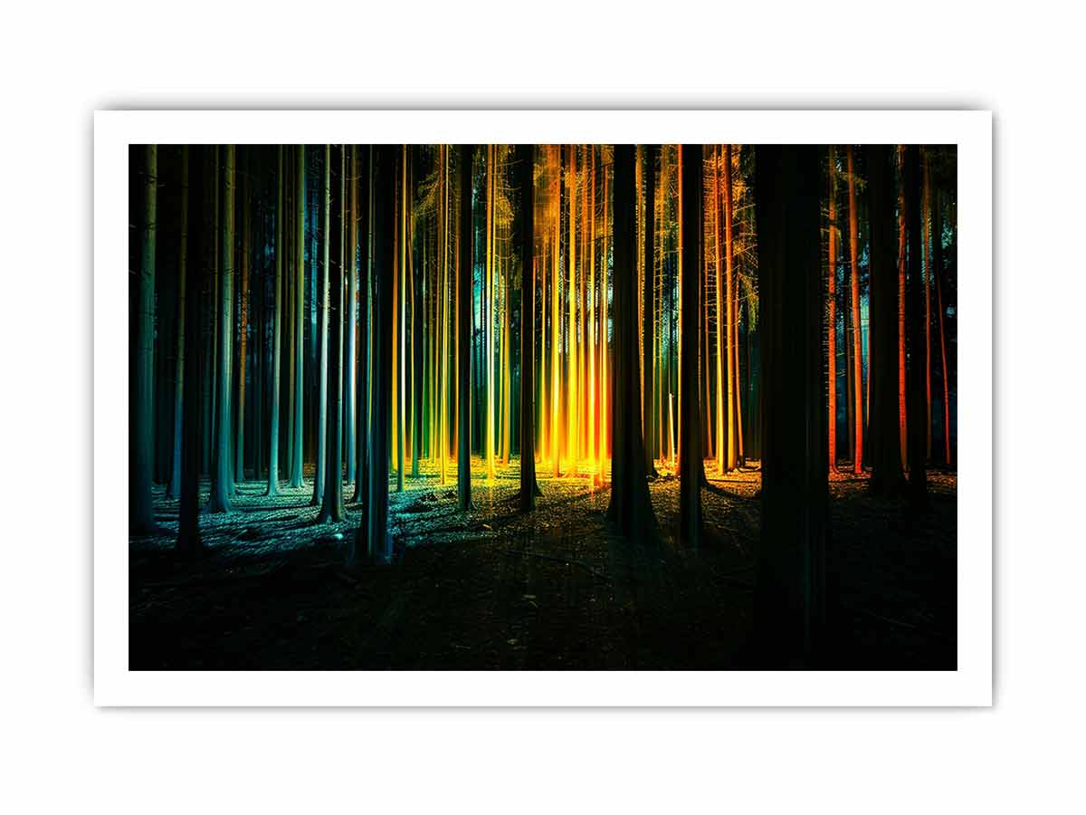 Neon forest canvas art with glowing teal and gold trees for modern office decor.