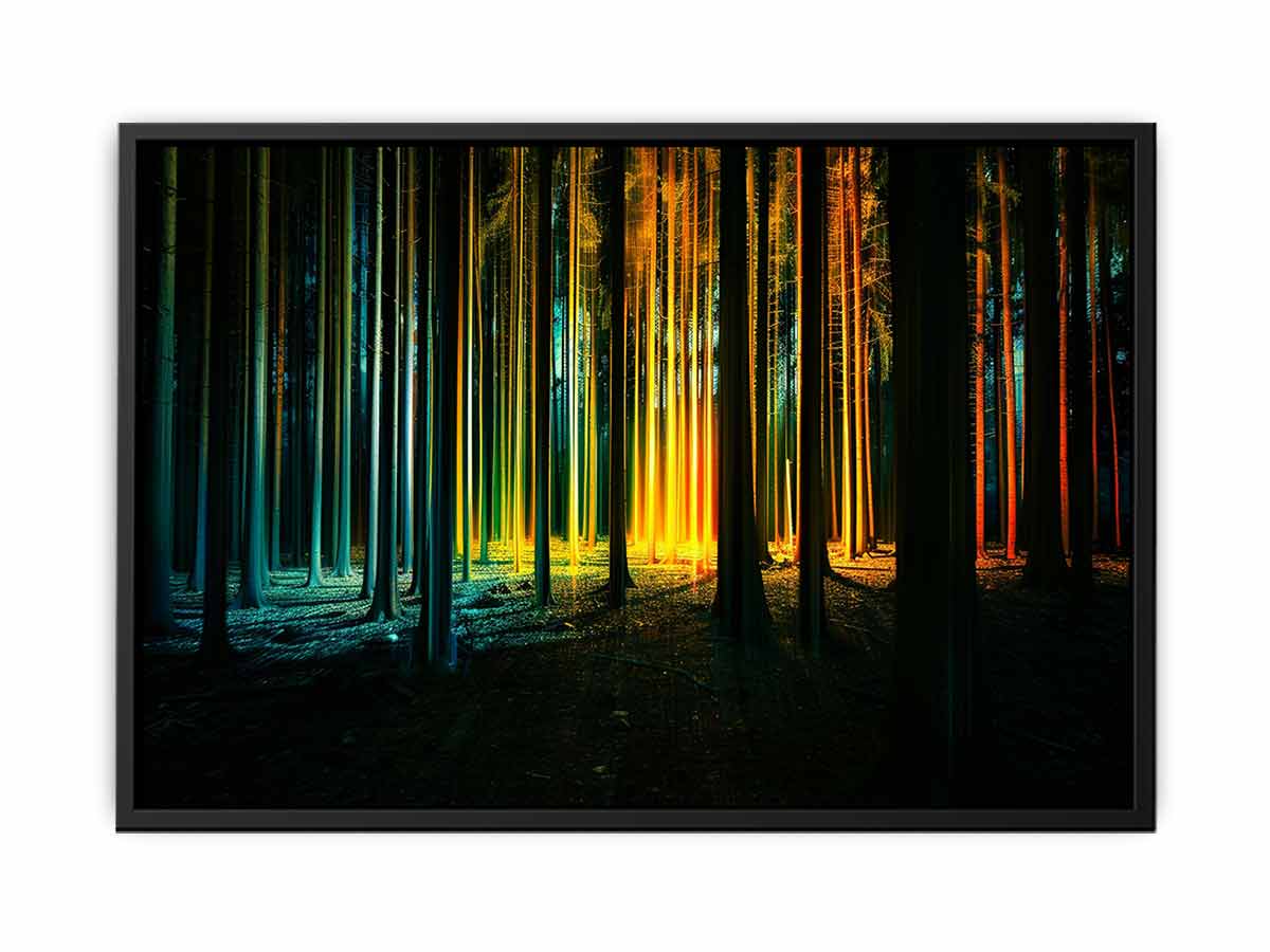 Neon forest canvas art with glowing teal and gold trees for modern office decor.