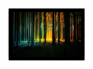 Neon forest canvas art with glowing teal and gold trees for modern office decor.