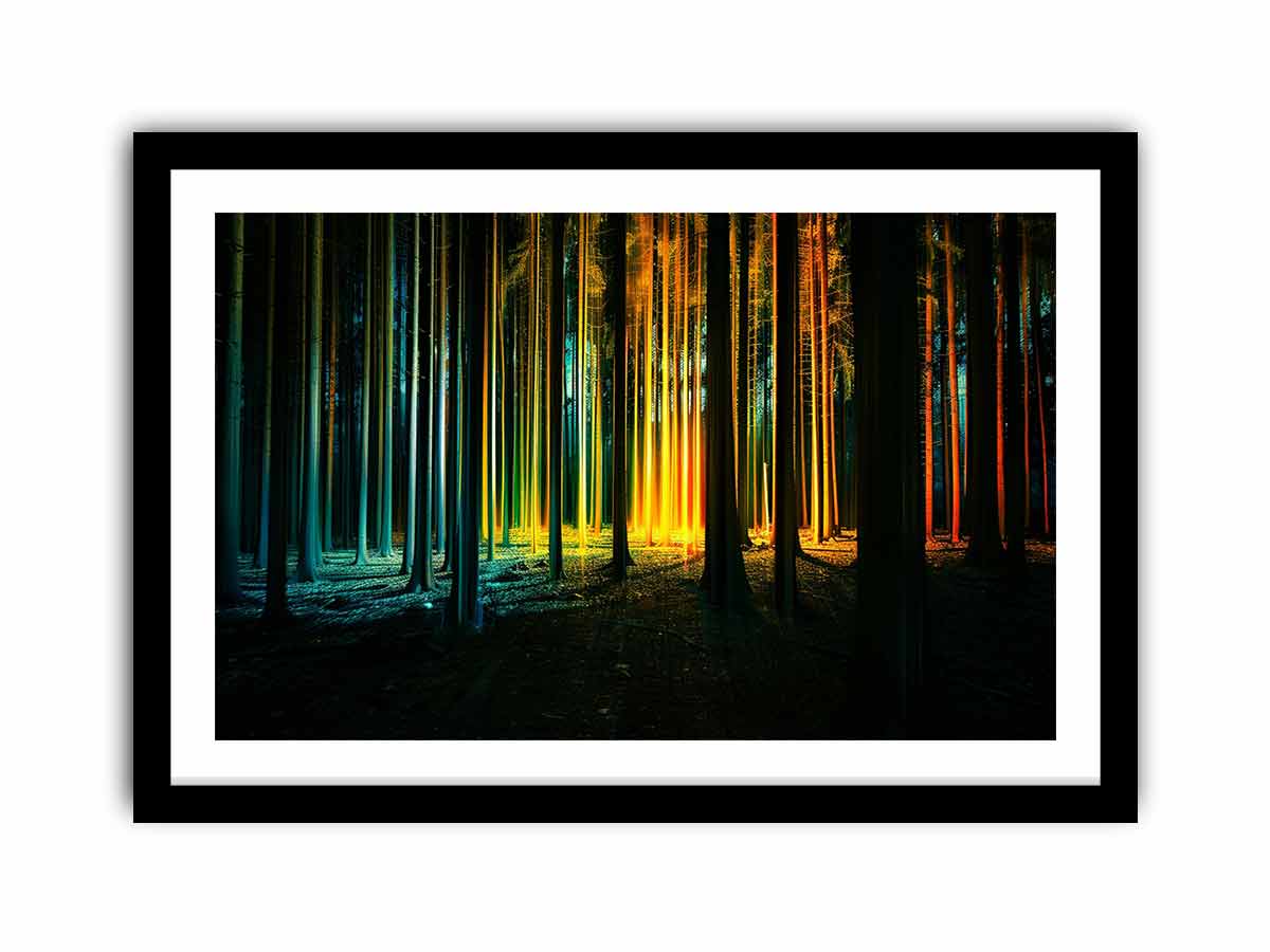 Neon forest canvas art with glowing teal and gold trees for modern office decor.