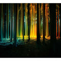 Neon forest canvas art with glowing teal and gold trees for modern office decor.