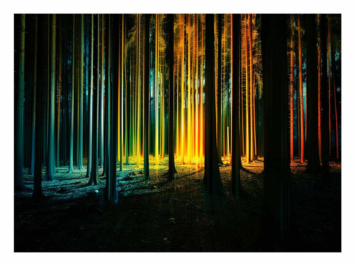 Neon forest canvas art with glowing teal and gold trees for modern office decor.