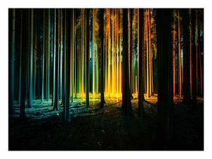 Neon forest canvas art with glowing teal and gold trees for modern office decor.
