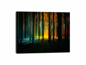 Neon forest canvas art with glowing teal and gold trees for modern office decor.
