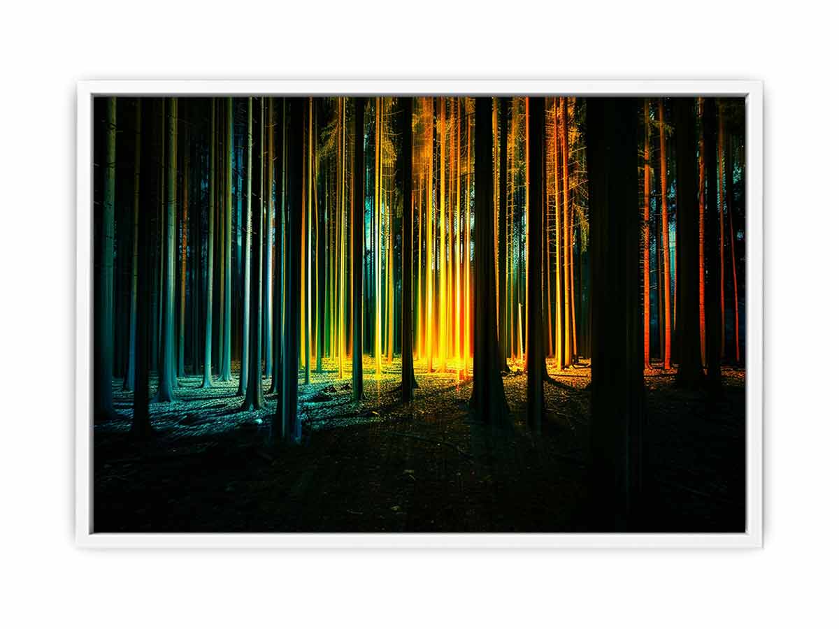 Neon forest canvas art with glowing teal and gold trees for modern office decor.