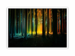 Neon forest canvas art with glowing teal and gold trees for modern office decor.