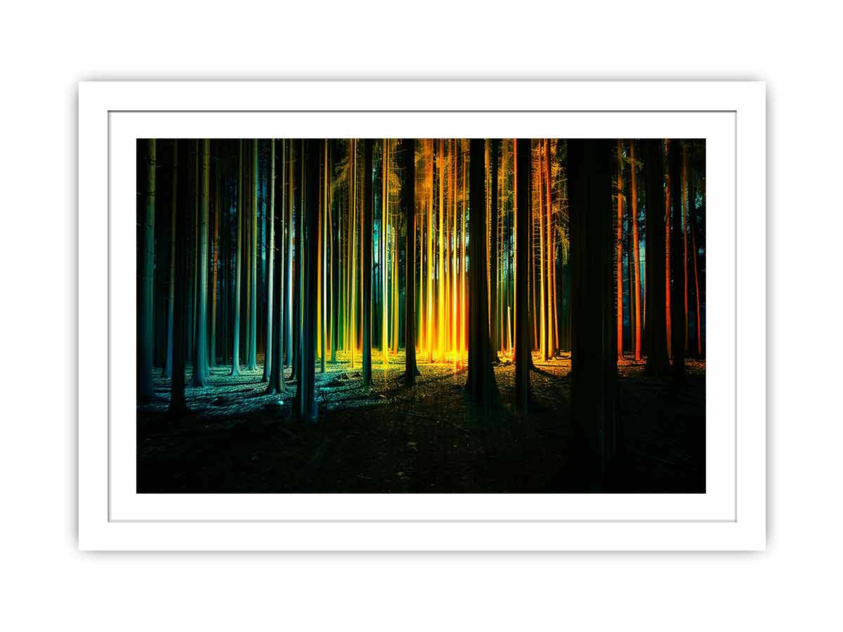 Neon forest canvas art with glowing teal and gold trees for modern office decor.