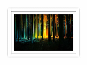 Neon forest canvas art with glowing teal and gold trees for modern office decor.