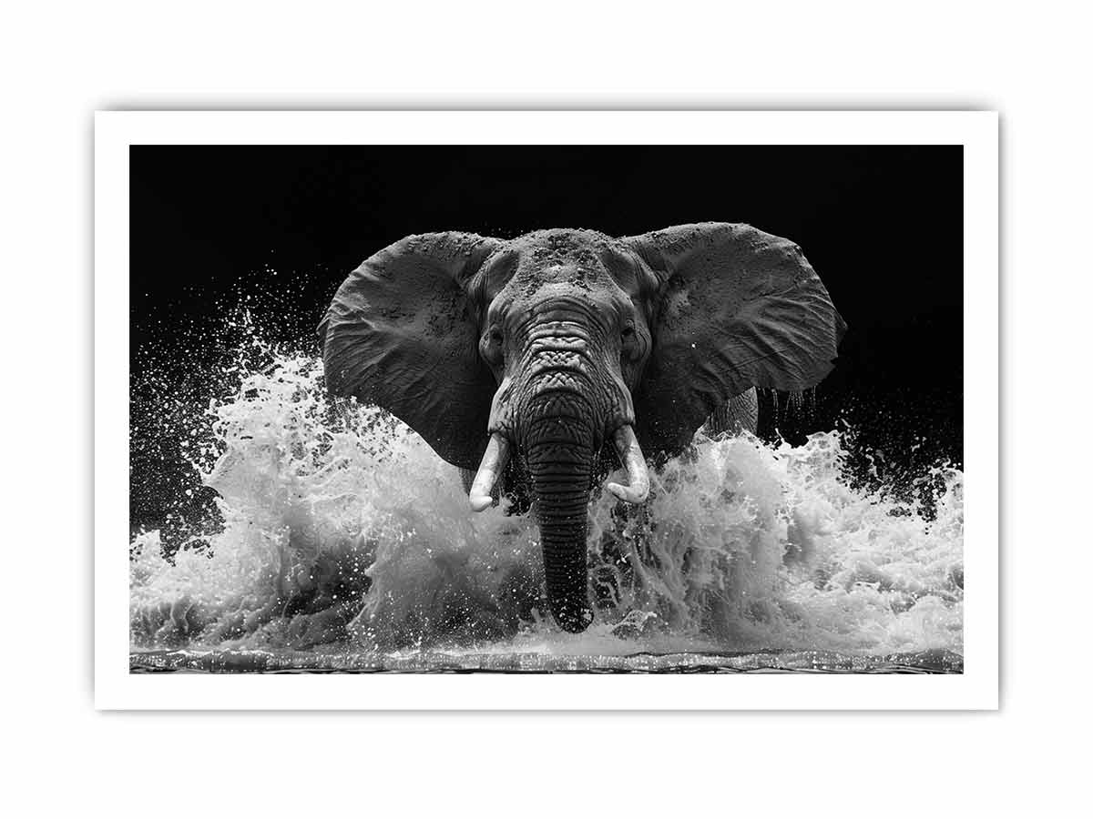 Black and white elephant canvas art with water splash for modern office wall decor.