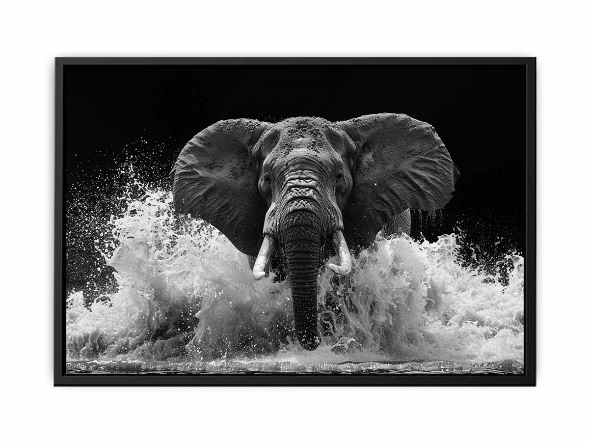 Black and white elephant canvas art with water splash for modern office wall decor.
