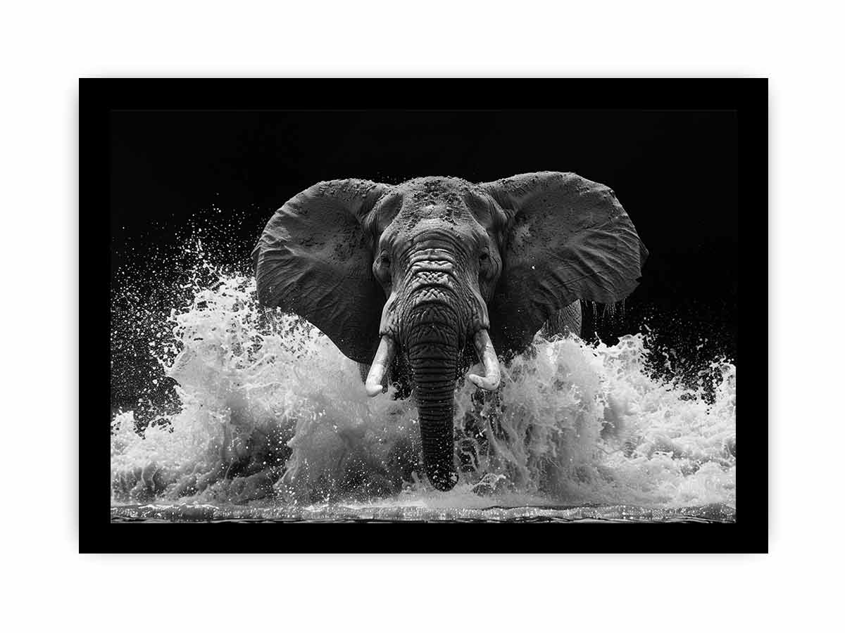 Black and white elephant canvas art with water splash for modern office wall decor.