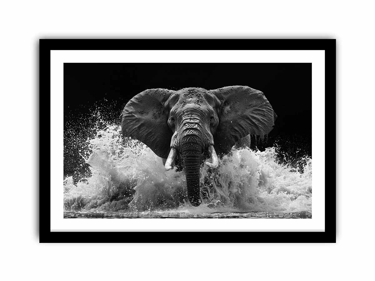 Black and white elephant canvas art with water splash for modern office wall decor.