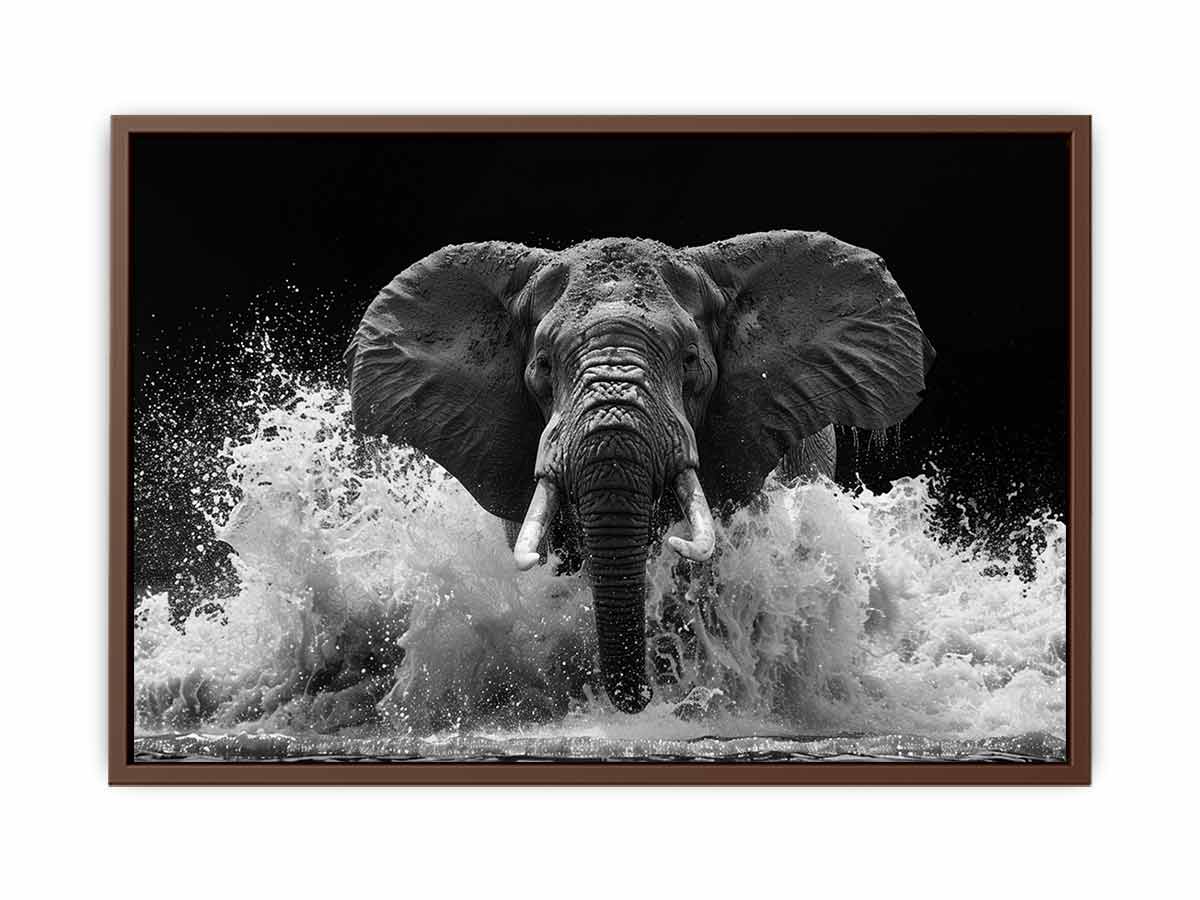 Black and white elephant canvas art with water splash for modern office wall decor.
