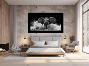 Black and white elephant canvas art with water splash for modern office wall decor.