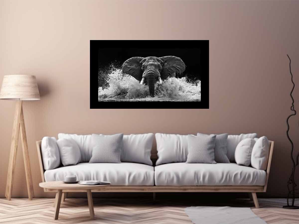 Black and white elephant canvas art with water splash for modern office wall decor.