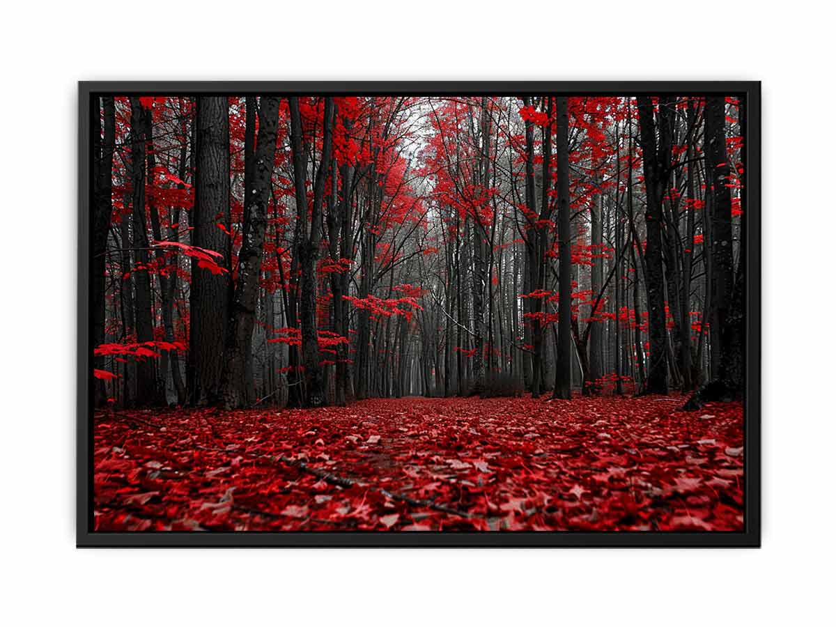 Red forest path canvas art with black trees for dramatic hallway wall decor.