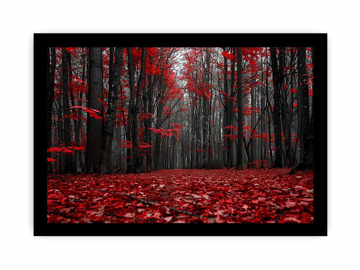 Red forest path canvas art with black trees for dramatic hallway wall decor.