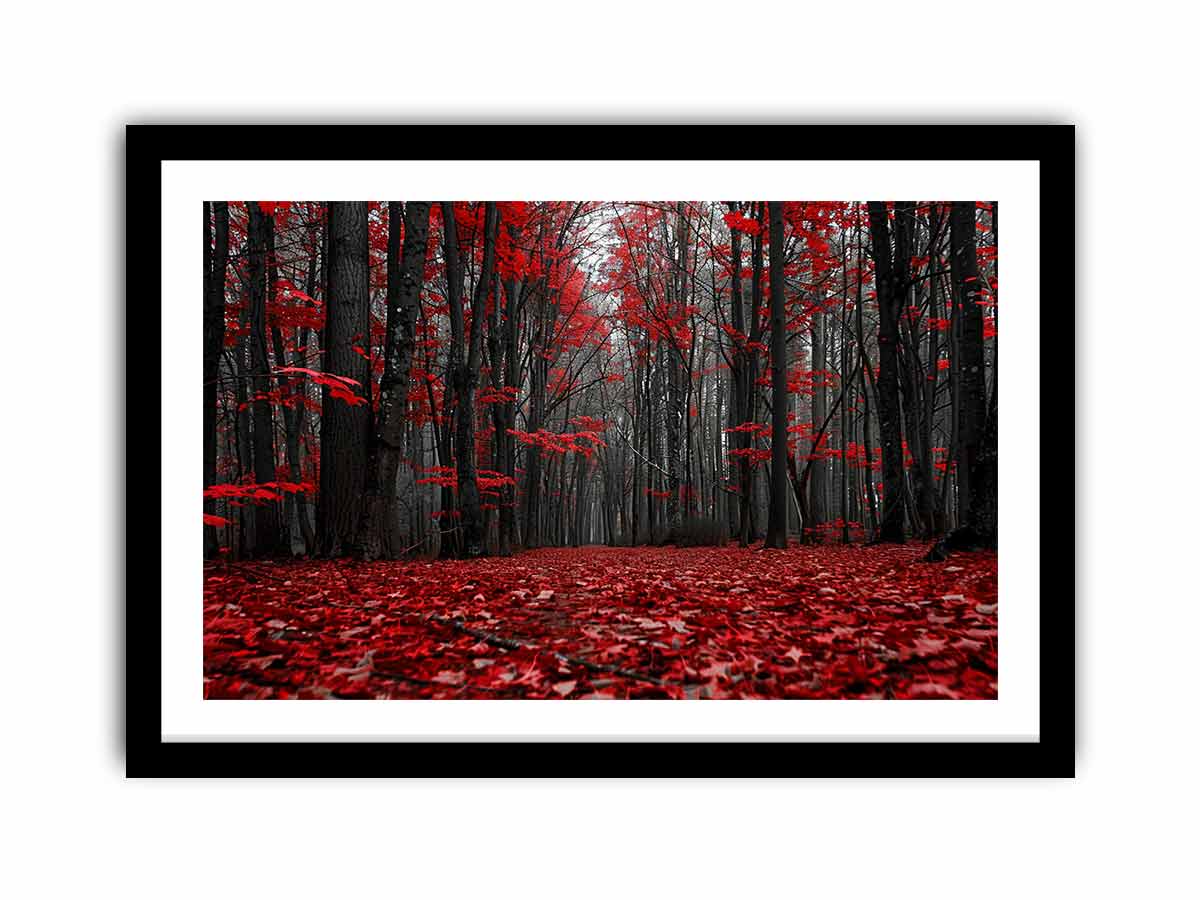 Red forest path canvas art with black trees for dramatic hallway wall decor.