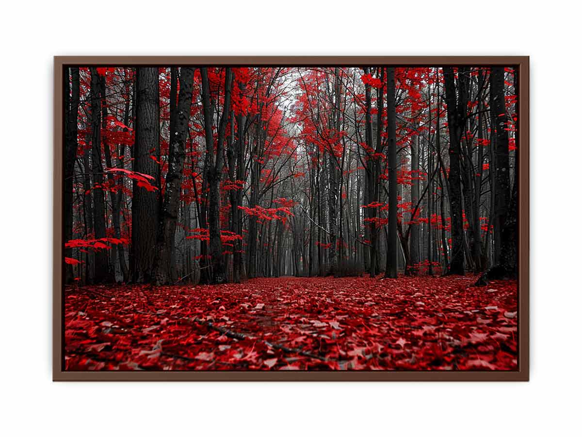 Red forest path canvas art with black trees for dramatic hallway wall decor.