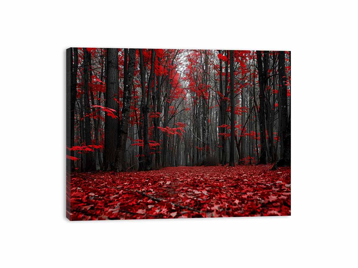 Red forest path canvas art with black trees for dramatic hallway wall decor.